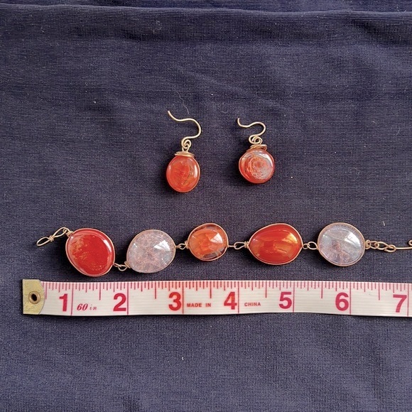 Gold Wire Orange Glass & Pink Quartz Bracelet w/ Matching Wired Dangle Earrings - Picture 5 of 5